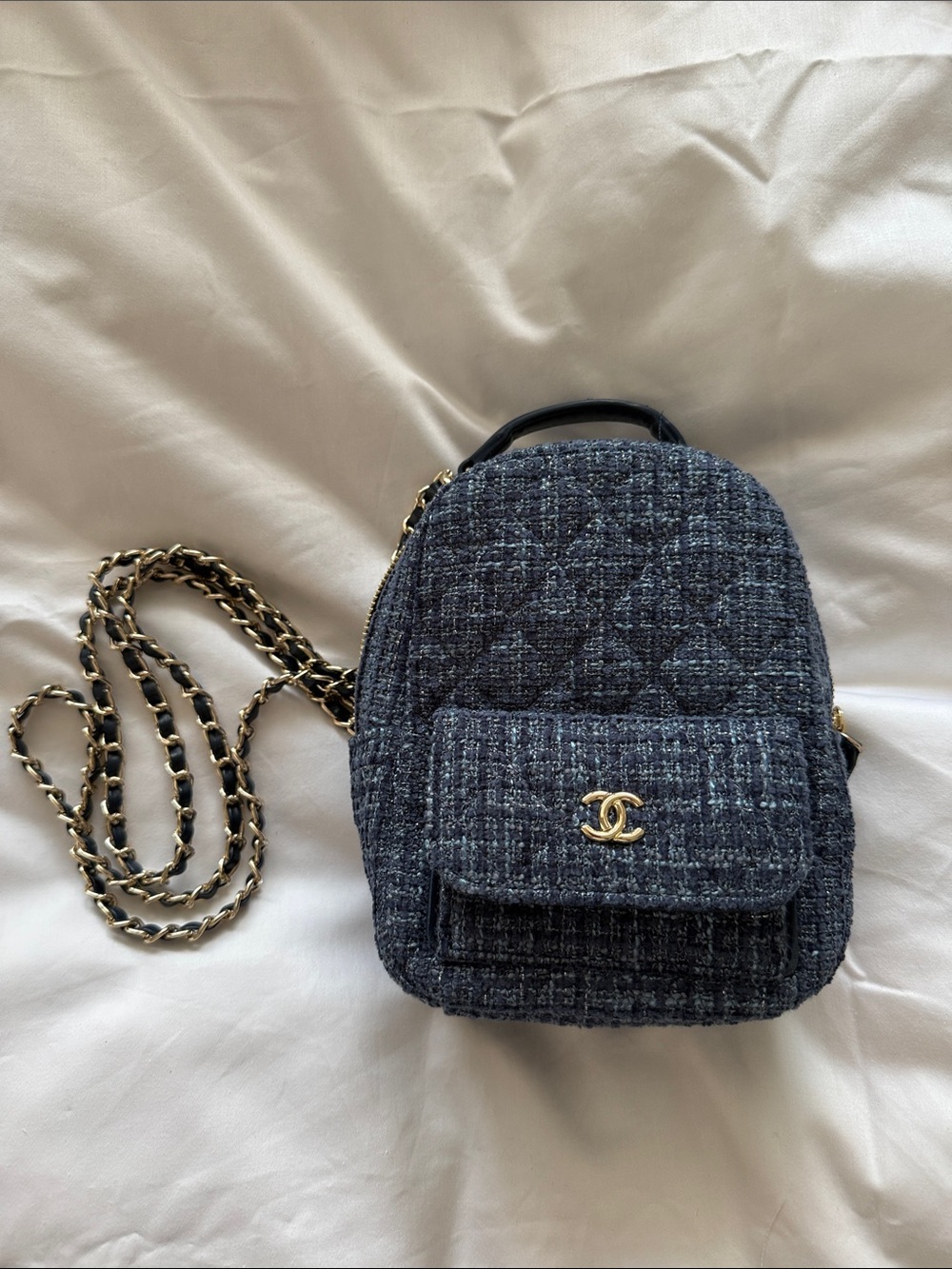 CHANEL Navy Tweed Mini Backpack with Gold Chain
